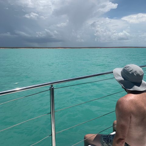 a person sitting in front of a body of water