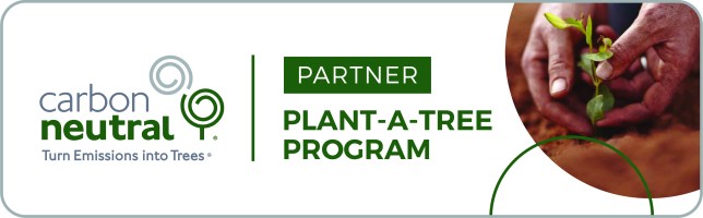 Logo for Carbon Neutral Partner Plant-a-Tree Program with hands planting a seedling.
